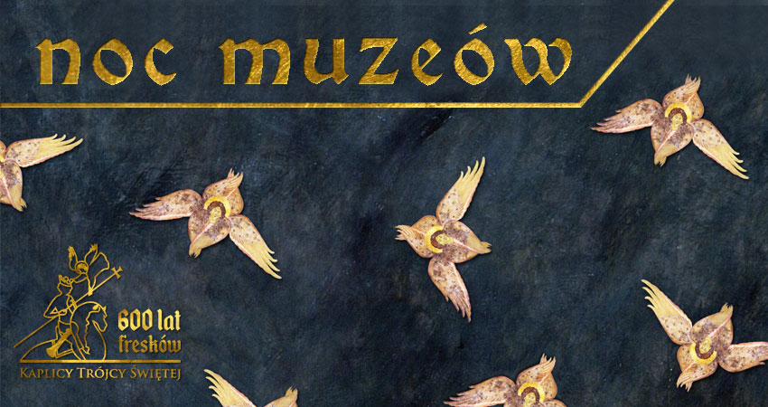 Grafika, złoty napis na granatowym tle: "noc muzeów", przedstawienia aniołów z Kaplicy Trójcy Świętej