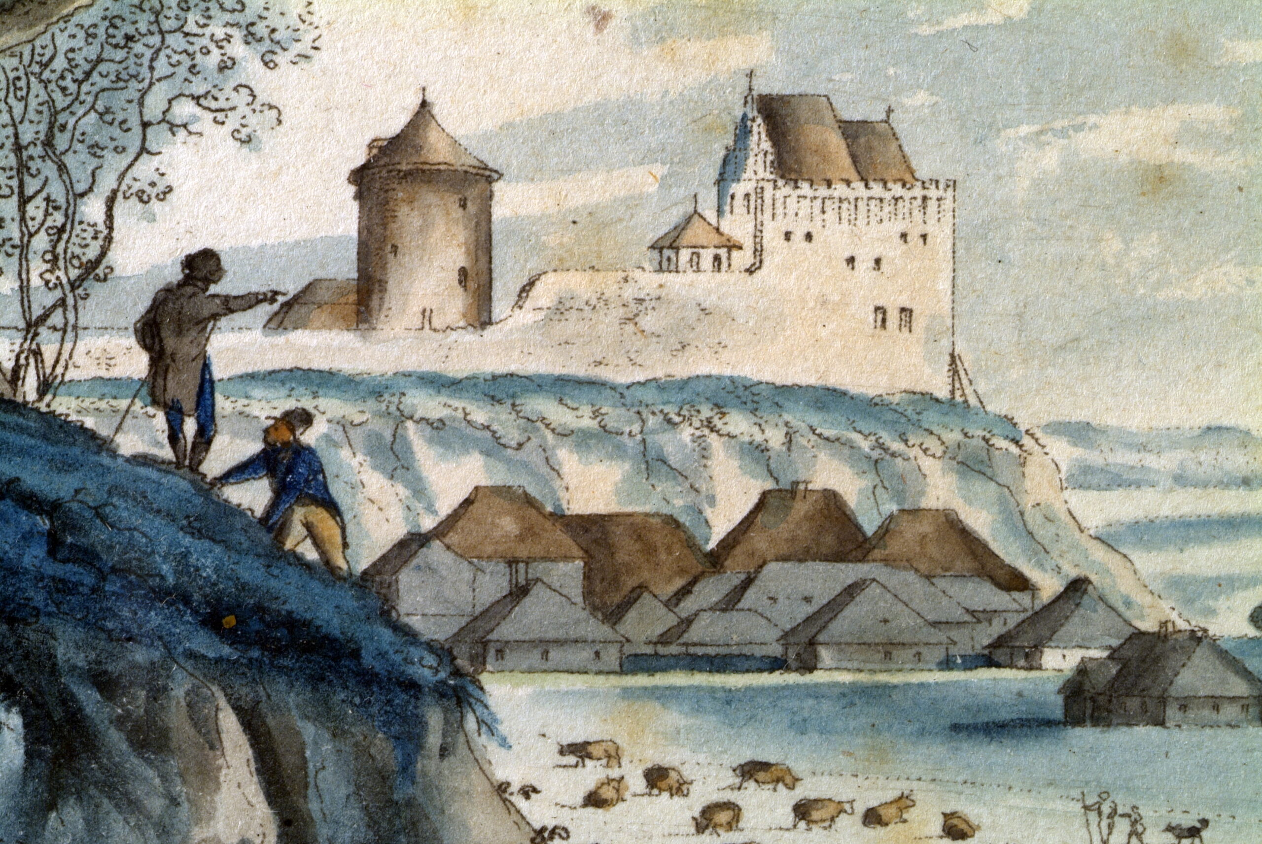Obraz przedstawiający pozostałości zamku lubelskiego na wzgórzu - kaplicę z fragmentem murów obronnych i wieżę. U podnóża widoczne domy oraz pasące się bydło na łąkach.