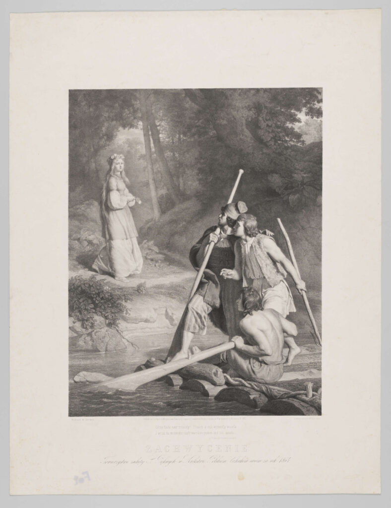 Scena rodzajowa przedstawiająca przyglądających się dziewczynie trzech młodzieńców płynących tratwą. Dwóch w pozycji stojącej, profilem w lewo, jeden z nich wsparty na wiośle, drugi z hakiem w dłoni. Trzeci, wiosłujący, ujęty od tyłu, w pozycji siedzacej. Na drugim brzegu rzeki, po lewej długowłosa, młoda dziewczyna w wianku na głowie, ujęta na tle lasu.