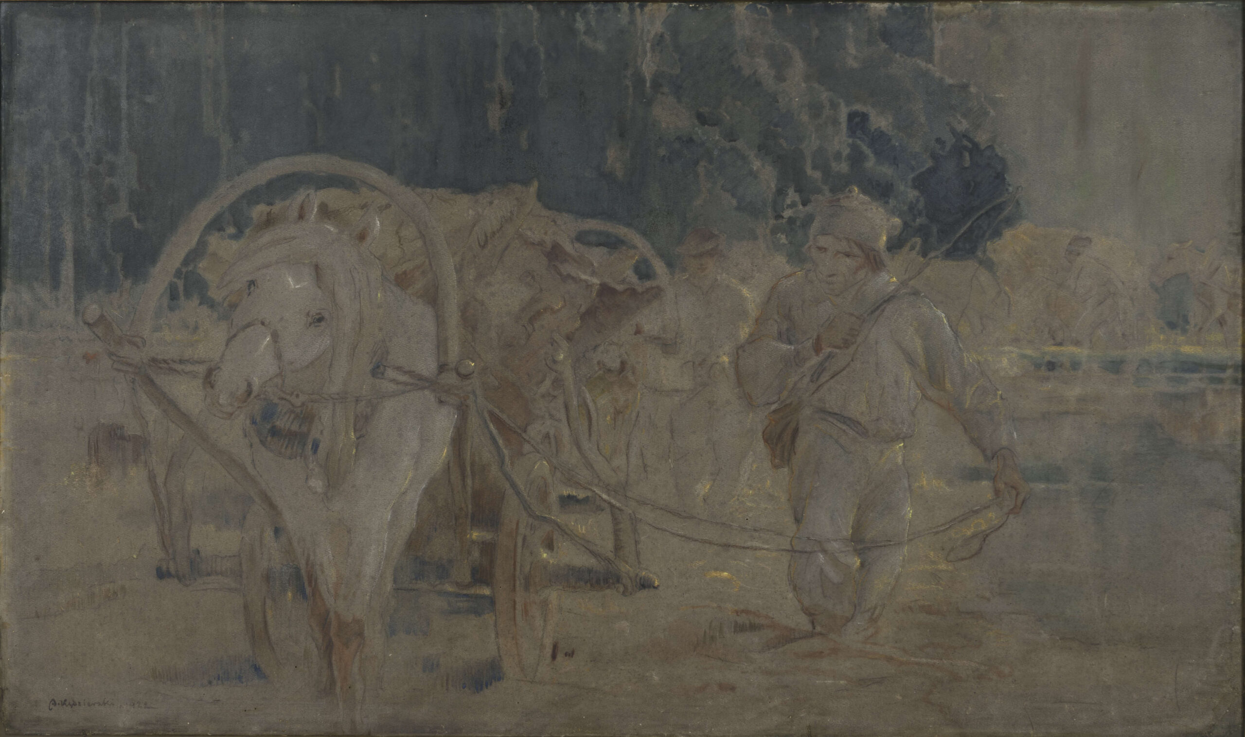 Scena rodzajowa. Na pierwszym planie postać zwożącego drewno mężczyzny, który prowadzi zaprzężony w jednego konia wóz. Przedstawiony na tle ciemnej zieleni lasu i zarysowanych w oddali pracujących w polu chłopów.  Ubrany w czworoboczną czapkę, ściągniętą paskiem koszulę i luźne spodnie. U boku przypięta do paska sakwa. W prawej, ugiętej w łokciu 
ręce trzyma bat, w lewej lejce. Za nim lekko pochylona sylwetka mężczyzny idącego obok widocznego fragmentarycznie z tyłu kolejnego wozu. Przedstawienie określone plamami rozwodnionej akwareli w tonacji ugrów, w oddali plama intensywnej zieleni lasu, miejscami refleksy bieli i żółcieni.
sygn. l.d.: A. Kędzierski 1922.