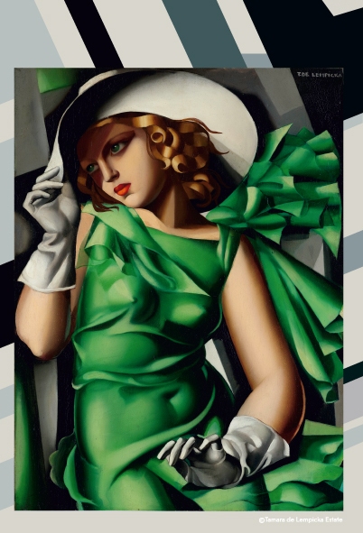 Obraz Tamary Łempickiej - Dziewczyna w zielonej sukience. Prawą ręką trzyma rąbek białego kapelusza.