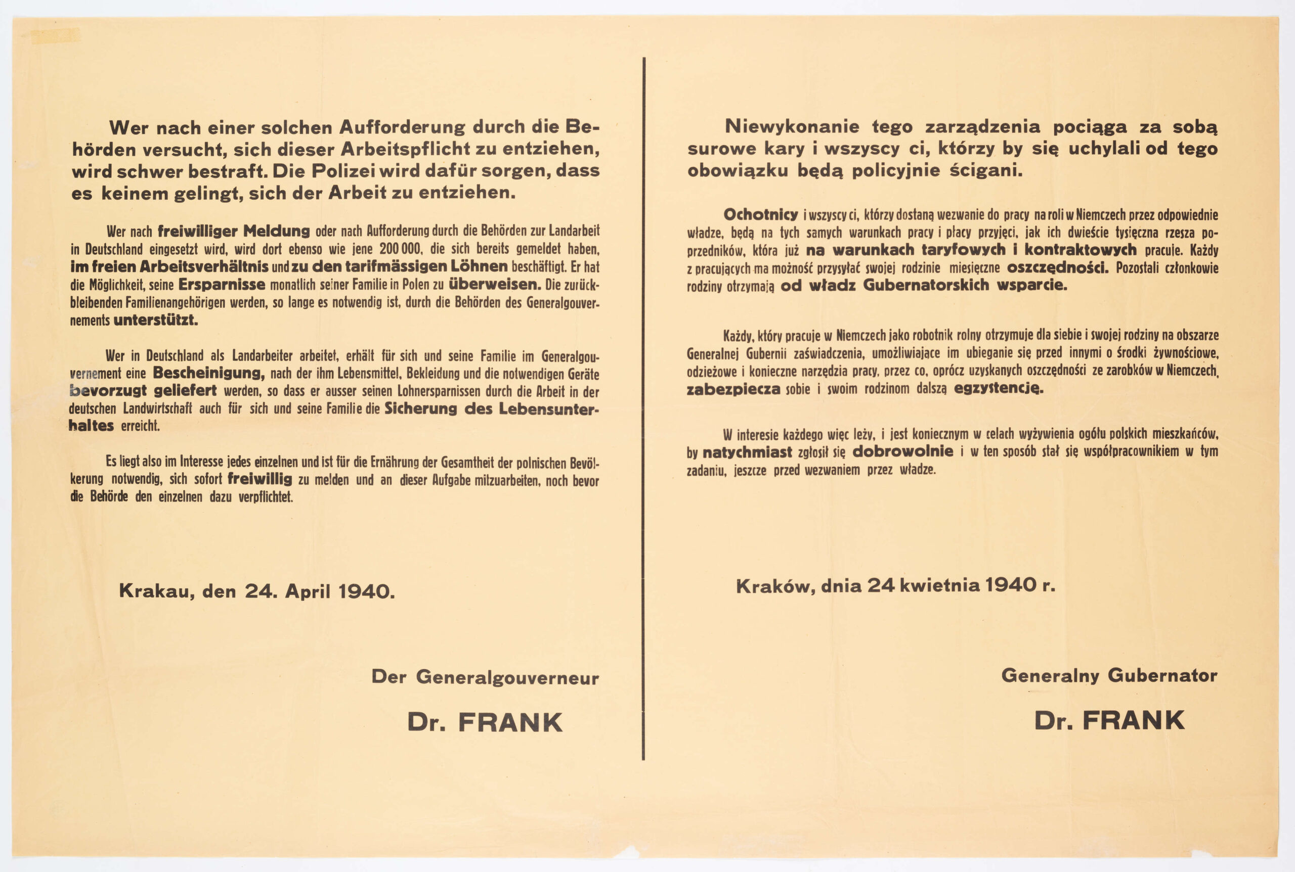 Zarządzenie o poborze na roboty do Niemiec. Afisz drukowany na żołtym papierze. Tekst dwujęzyczny (po niemiecku i po polsku). Zarządzenie wydane przez generalnego gubernatora H. Franka.