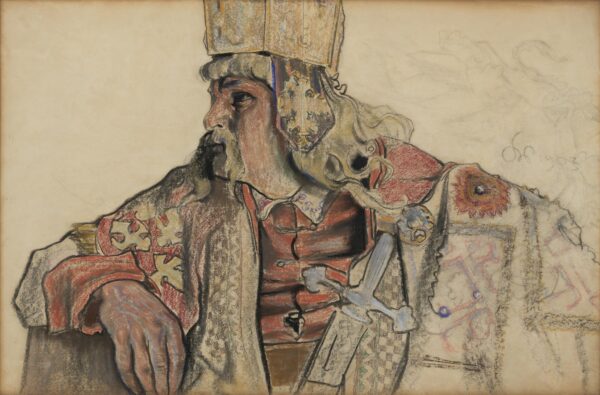 Rysunek. Wąsaty mężczyzna ujęty z profilu z koroną na głowie. Ubrany w zdobny płaszcz.