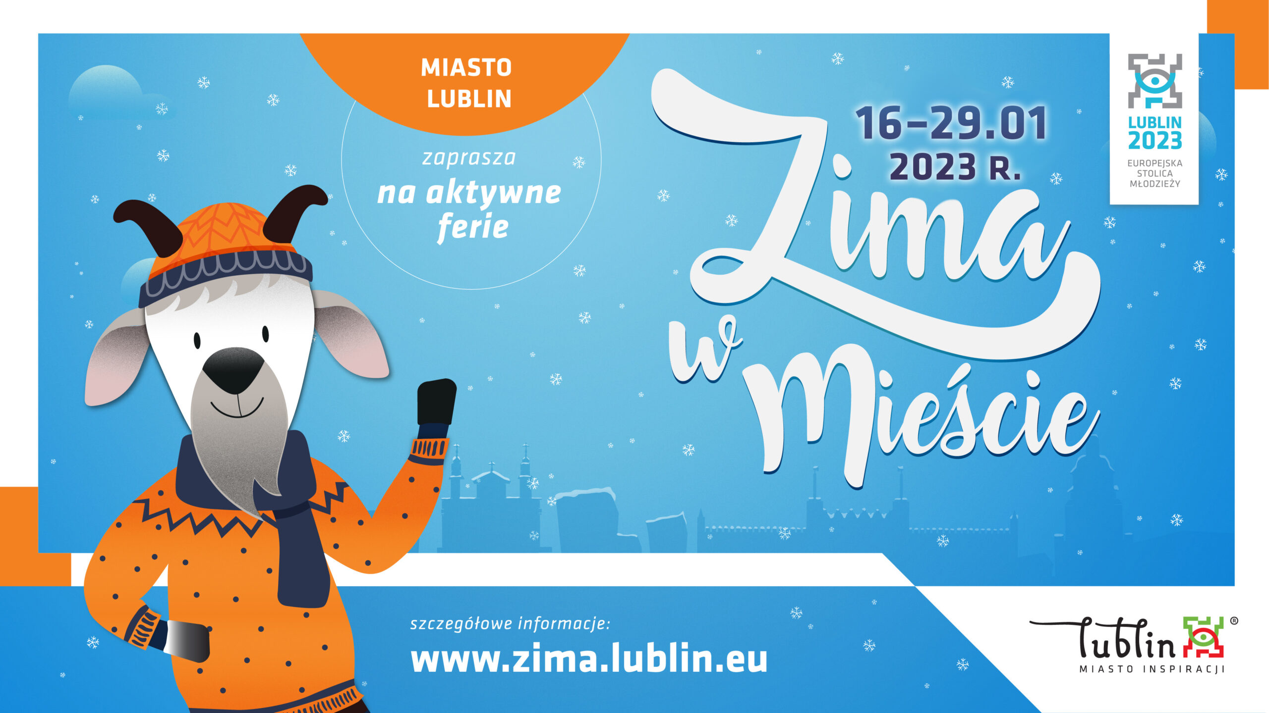 Baner reklamujący akcję Zima w Mieście. Na niebieskim tle, u dołu widoczny zarys miasta Lublina. Po lewej stronie koziołek z długą brodą ubrany w pomarańczowy sweter i czapkę.