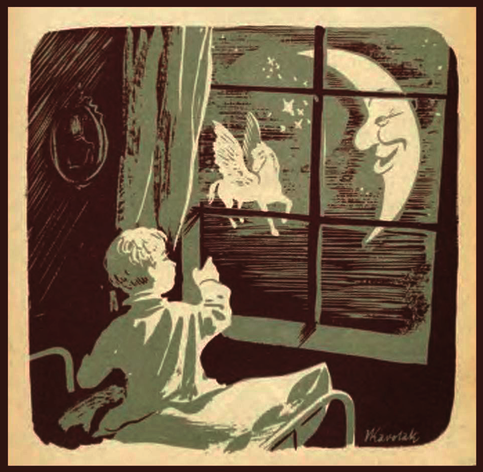 ilustacja dziecko przed oknem w tle księżyc